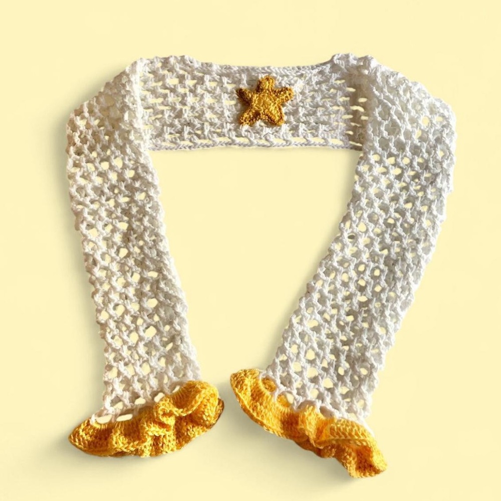 crochet white with yellow ruffle and star shrug/bolero HANDMADE